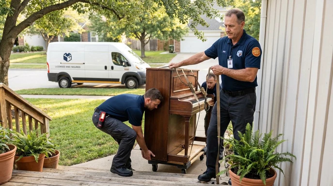 Licensed piano movers securing grand piano in Williamsport, OH