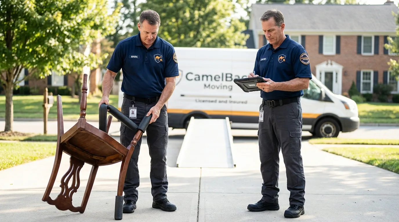 Movers inspecting furniture for damage prevention before loading in Williamsport, OH