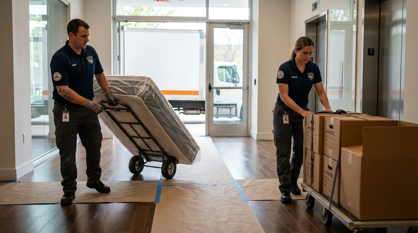 Professional apartment movers loading elevator in Williamsport, OH