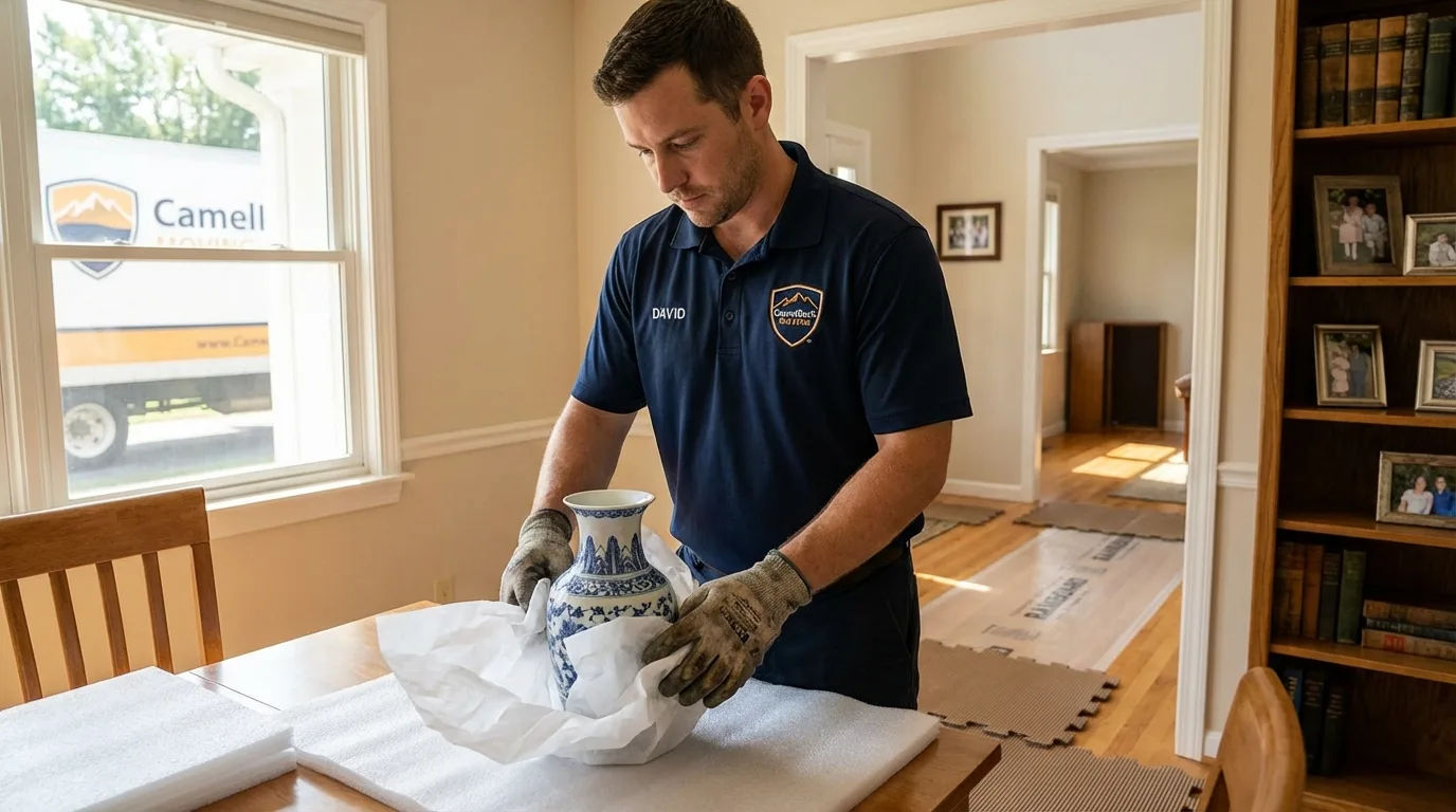 Professional crew carefully wrapping antique vase for senior downsizing move in Williamsport, OH